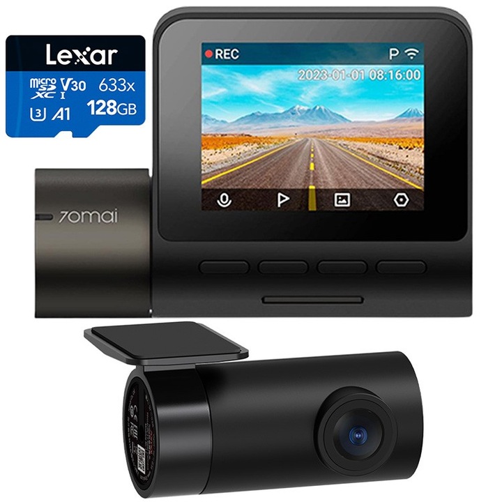 Camera auto DVR 70mai Midrive A200, 1080p, Wi-Fi, set cu cameră spate RC11 și card MicroSD Lexar 128GB, negru
