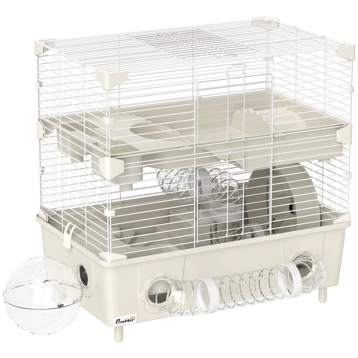 Cusca pentru Hamsteri PawHut cu 2 Nivele, Roata, 44.5x28x44 cm, Crem si Alb