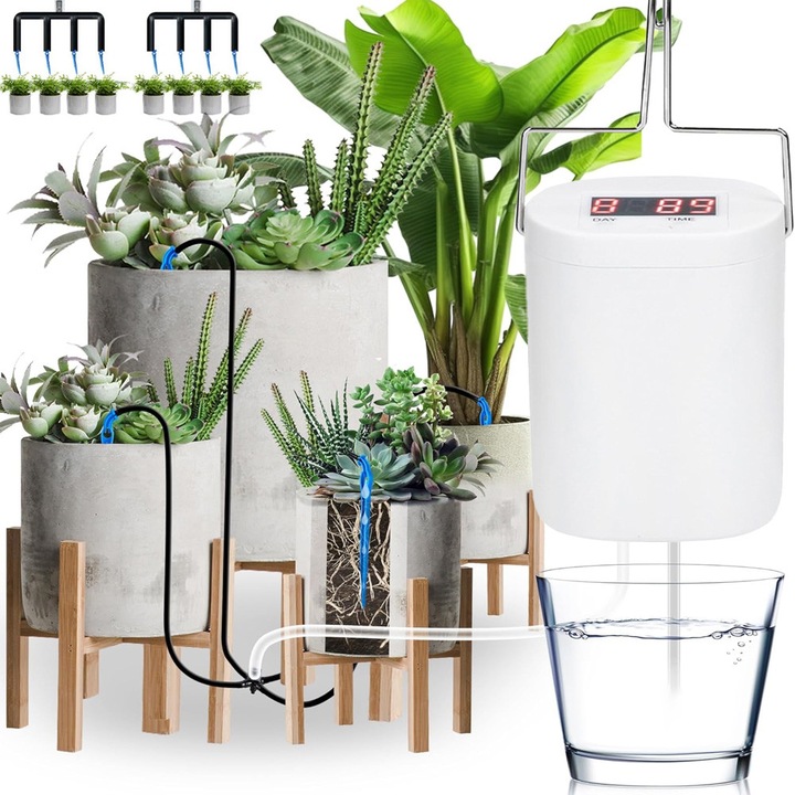Sistem de Irigare Automat pentru Plante, Kit de irigare prin picurare, Pentru 8 ghivece, Incarcare USB, ecran LED, ABS, acumulator 2000mAh, debit de apa 1000 ml/m, IBaterie reincarcabila cu litiu de 3, 7 V, Usor de instalat, Interior/Exterior