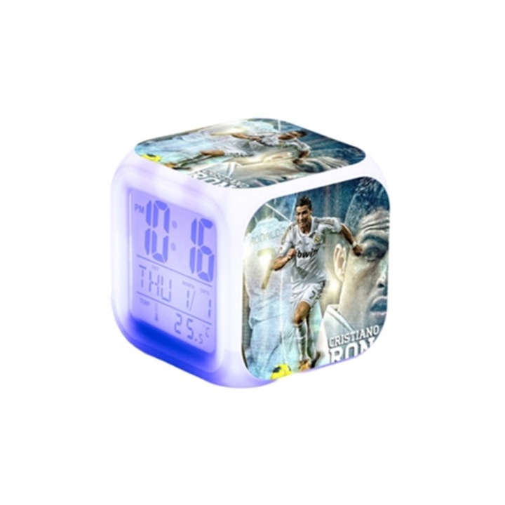 Ceas digital LED tematic Cristiano Ronaldo multicolor cu cablu USB si afisaj temperatura