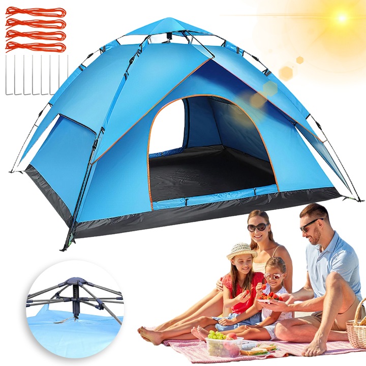 Cort Auto-Deschidere Juksun 200x200x130 cm, 3-4 Persoane, Antivant, Anti-UV, Albastru, Geanta Inclusa