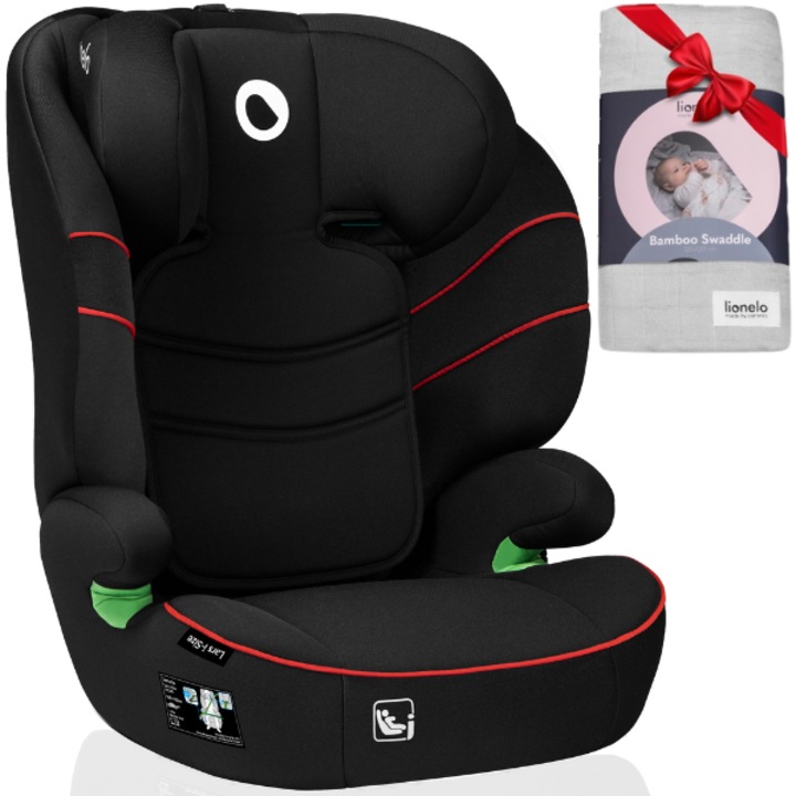 Scaun auto Lionelo Lars i-Size, negru-roșu, 15-36 kg, 100-150 cm, cu tetieră reglabilă în 10 poziții, set cu pătură 120x120 cm