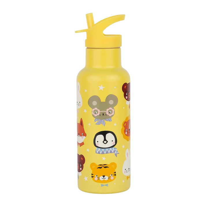 Sticla termica pentru copii, ANIMAL FRIENDS, 500 ml, galben, 7,3x24,8cm, set cu capac si pai, A Little Lovely Company