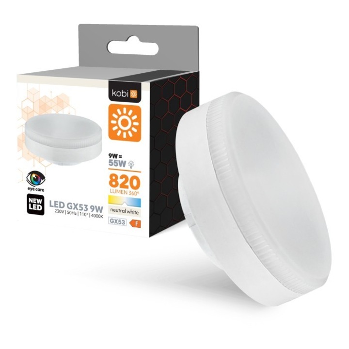 LED крушка GX53 9W 4000K Kobi 820lm, неутрална, за осветление на таван, IP20