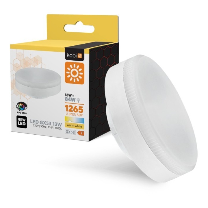 LED крушка GX53 13W 3000K Kobi, 1265 lm, IP20, компактни размери