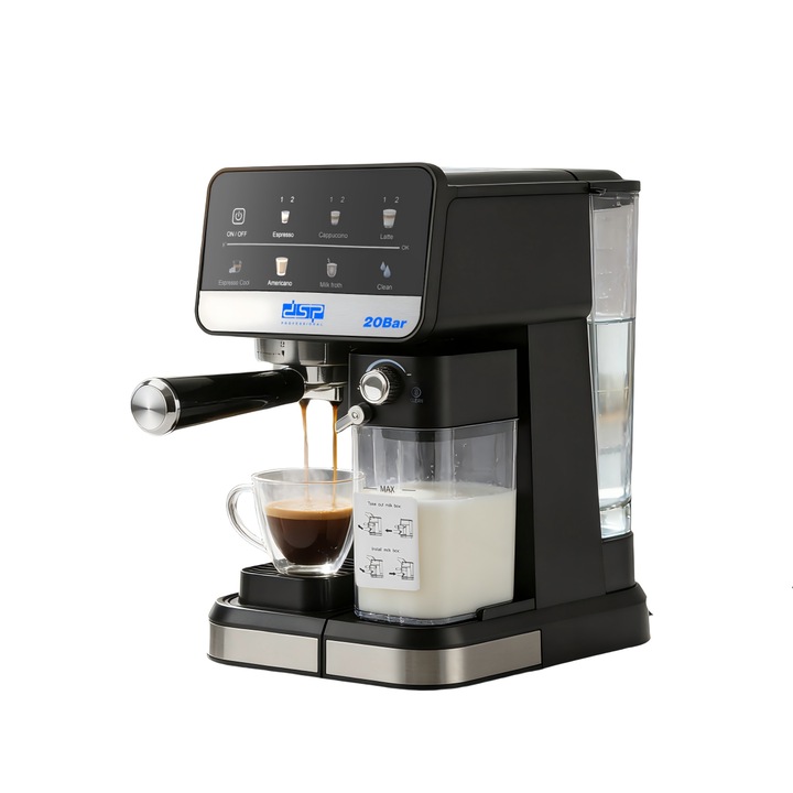 Espressor automat DSP KA3161,20 bar,1.5L,500ml lapte,1350W, 7 functii, Curatare automata, Tava de picaturi reglabila in inaltime,4 accesorii, Tehnologie Barista Assist, Negru