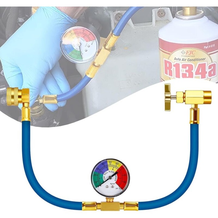 R134A töltőkészlet autóklímához, gumitömlő nyomásmérővel, gyorscsatlakozás, 1/2"