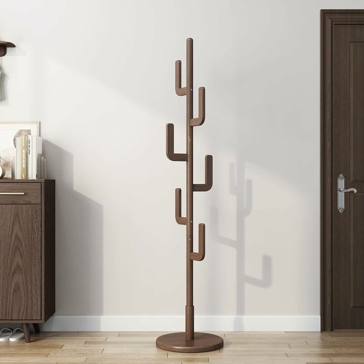 Cuier freestanding, design unic din lemn in forma de cactus, 6 carlige, stabil si usor de asamblat, pentru hol, dormitor si birou (Culoare: Nuc)