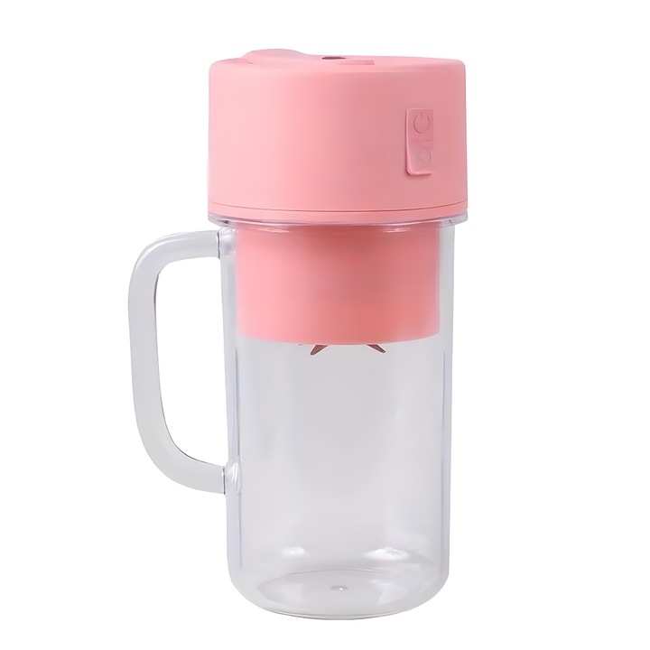 Blender portabil cu pai NEXTLY, pentru smoothie-uri si sucuri, incarcare USB, lame otel inoxidabil, 35W, 420ml, 17.6x8.2cm, roz