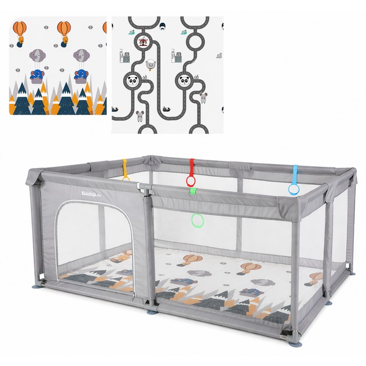 Tarc de joaca pentru copii Nichiduta Light Grey, 120 x 180 cm, cadru metalic, pereti din plasa, covoras din spuma cu doua fete, 4 inele ajutatoare si 100 bilute incluse