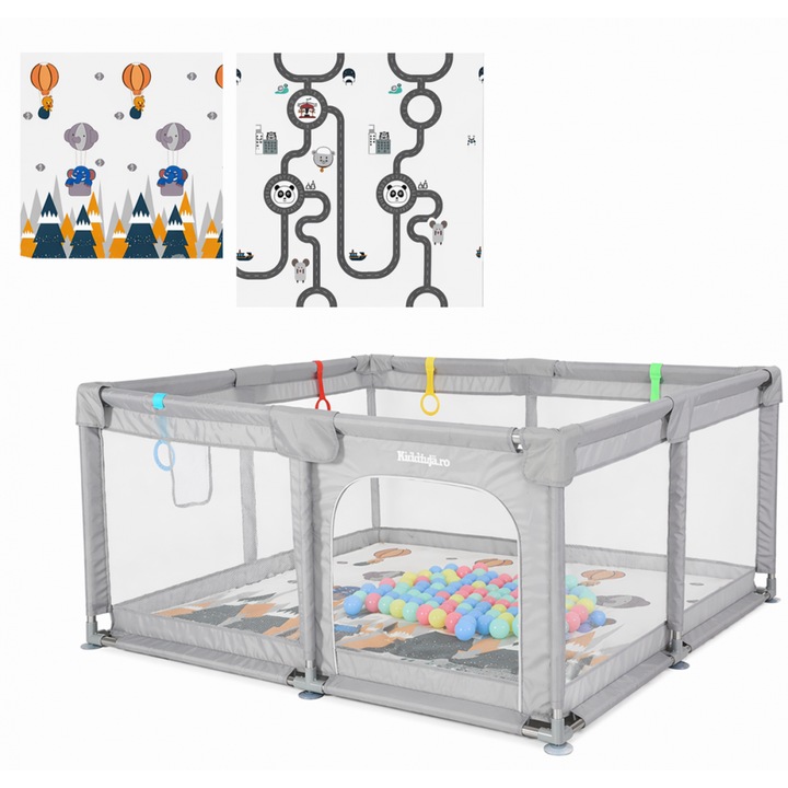 Tarc de joaca pentru copii Nichiduta Light Grey, 150 x 150 cm, cadru metalic, pereti din plasa, covoras din spuma cu doua fete, 4 inele ajutatoare si 100 bile incluse