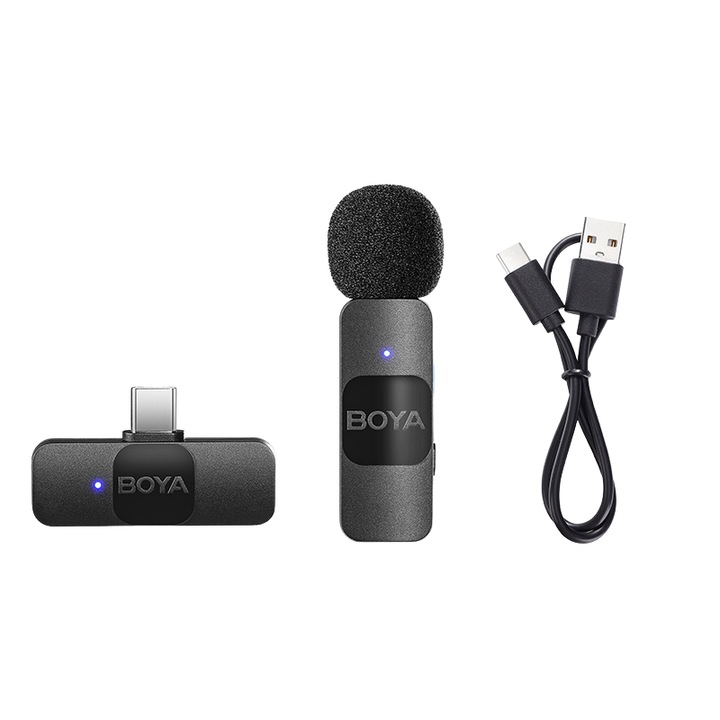 Boya BY-V10 vezeték nélküli lavalier mikrofon, automatikus csatlakozás, körsugárzó hangvétel, USB C