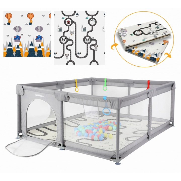 Tarc de joaca pentru copii Nichiduta Light Grey, 150 x 180 cm, cadru metalic, pereti din plasa, covoras din spuma cu doua fete, 4 inele ajutatoare si 100 bile incluse