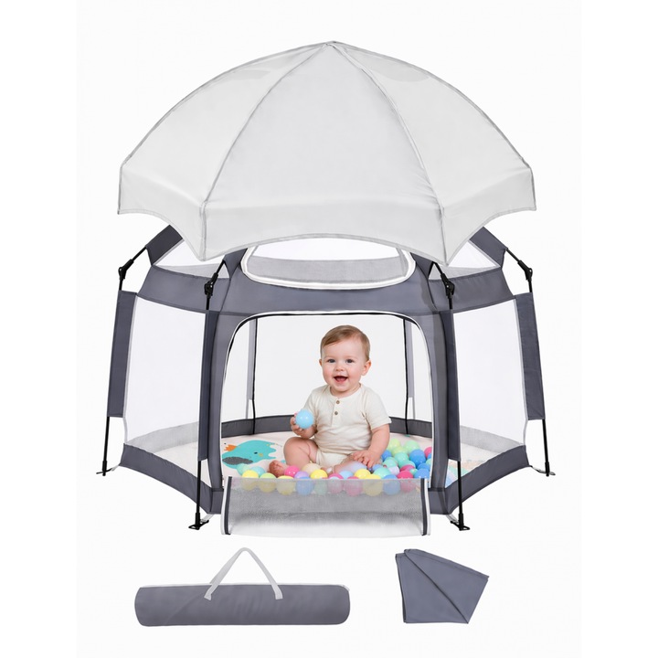 Tarc de joaca pentru copii Nichiduta Dark Grey, 150 x 150 x 120 cm, de interior / exterior, cadrul metalic, pereti din plasa, protectie solara, covoras din spuma cu doua fete, 4 inele ajutatoare si 100 bile incluse