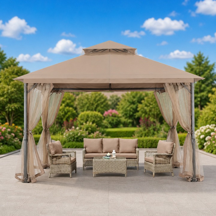 Foisor De Gradina, TOPSCAUNE®, 3.3x3.9 m, Foisor Exterior Cu Cadru Din Otel Si Plasa Tantari, Pavilion Cu Acoperis Impermeabil Si Protectie UV, Foisor Pentru Curte Terasa Gazon, Structura Solida Rezistenta, Design Modern Premium, Bej