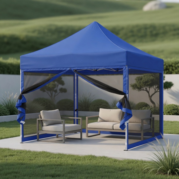 Cort Pavilion De Gradina, TOPSCAUNE®, 3x3 m, Cort Pavilion Pliabil Cu Pereti Mesh Anti-Insecte, Cort Evenimente Cu Inaltime Reglabila 3 Trepte, Impermeabil Si Protectie UV, Cadru Metalic Tip Pop-Up, Pentru Gradina, Terasa, Camping, Albastru