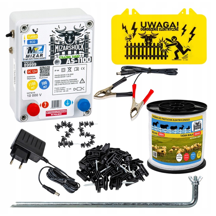 Elektromos kerítés állatoknak MIZARSHOCK, komplett szett 200m szalaggal és szigetelőkkel, 12V/230V, 10000V, 160x120x65mm