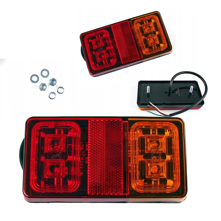 LED hátsó lámpa pótkocsihoz 12/24V 16 LED, helyzetjelző/fék/irányjelző funkciók és reflektor, PMMA diffúzor, ABS+PC ház, víz-, por- és ütésálló, piros/narancs, 150x80x21.5 mm, 1 db.