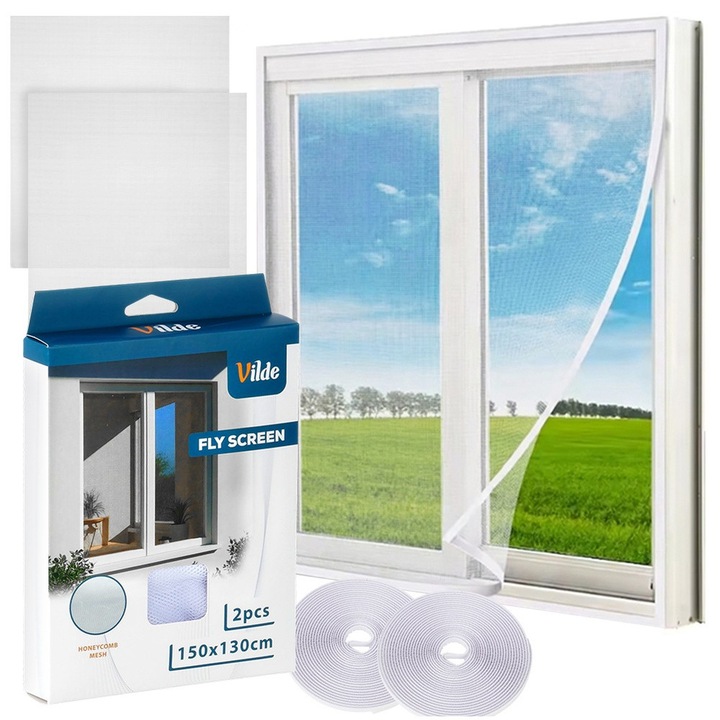 Set 2 Plase Anti Tantari Pentru Fereastra, Vilde, Clasic, 150x130 cm, Poliester, Alb, Protectie Eficienta Impotriva Insectelor, Montare Rapida Cu Banda Autoadeziva Inclusa, Plasa Universala Ajustabila Prin Decupare, Accesorii Casa Premium De Lux