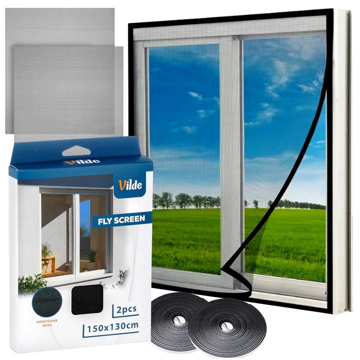 Set 2 Plase Anti Tantari Pentru Fereastra, Vilde, Clasic, 150x130 cm, Poliester, Negru, Protectie Eficienta Impotriva Insectelor, Montare Rapida Cu Banda Autoadeziva Inclusa, Plasa Universala Ajustabila Prin Decupare, Accesorii Casa Premium De Lux