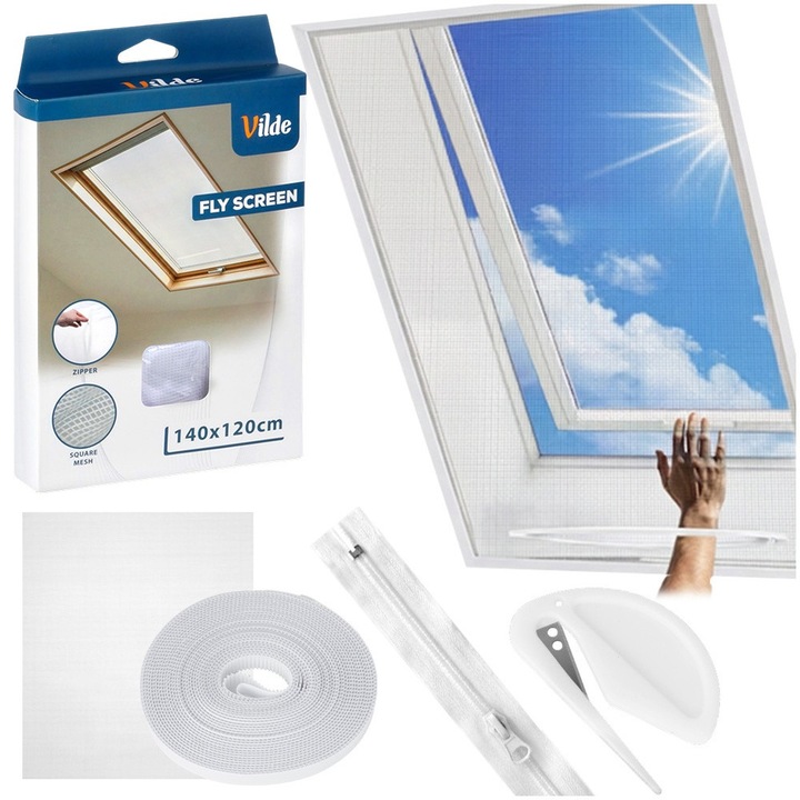 Plasa Anti Tantari Pentru Fereastra De Mansarda, Vilde, Clasic, 140x120 cm, Poliester, Alb, Cu Fermoar Pentru Deschidere Usoara, Montare Rapida Banda Autoadeziva Si Cutter Incluse, Dimensiune Ajustabila Prin Taiere, Protectie Insecte Premium Lux