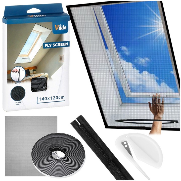 Plasa Anti Tantari Pentru Fereastra De Mansarda, Vilde, Clasic, 140x120 cm, Poliester, Negru, Cu Fermoar Pentru Deschidere Usoara, Montare Rapida Banda Autoadeziva Si Cutter Incluse, Dimensiune Ajustabila Prin Taiere, Protectie Insecte Premium Lux