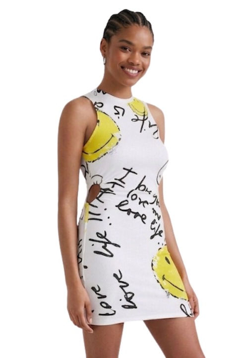 Női ruha Desigual x Smiley, mintás, fehér, poliamid-elasztán, ujjatlan, limitált kiadás