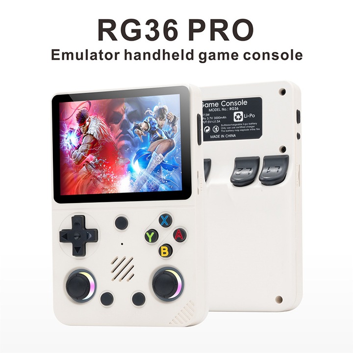 Consola gaming portabila RG36 PRO, 3.5” IPS HD, RGB lights, 2 joystick-uri 3D, jocuri retro preinstalate, cadou perfect pentru gameri-Consola de jocuri portabila, Alb