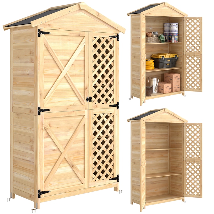 Kültéri tárolószekrény, Outsunny, fenyőfa, 101,5x49x176cm, fa színű