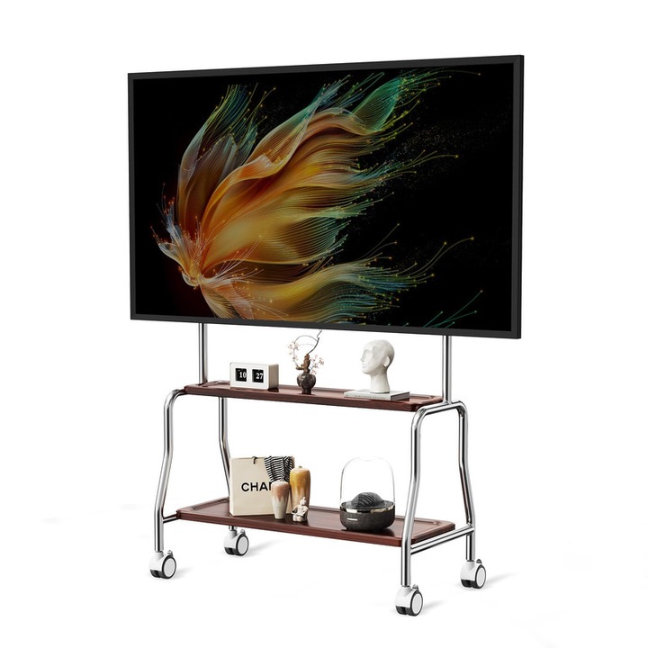 Suport TV mobil cu roti, compatibil 32-75 inch (81-190 cm), greutate max. 50 kg, 2 rafturi, inox, roti cu frana