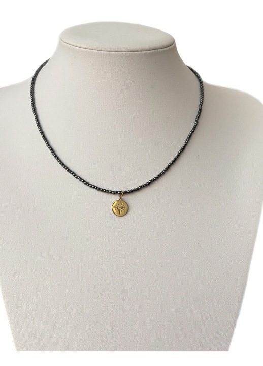Minimalista női nyaklánc, fekete hematit, csillag medál, rozsdamentes acél, 42 cm