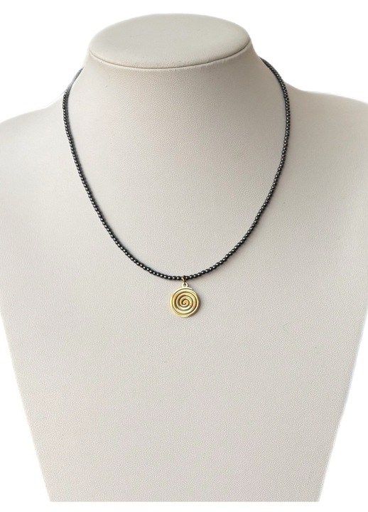 Minimalista női nyaklánc, spirál medál, fekete hematit, rozsdamentes acél, 42cm