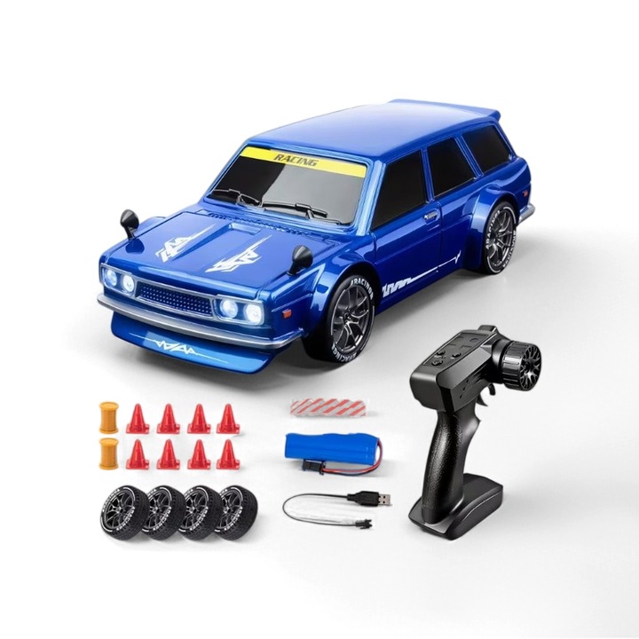 Кола с дистанционно управление RC, Timebox, Drift car, 15км/ч, с LED светлини и спрей, сменяеми гуми, играчка за деца 7+ години и възрастни, 1:14, Синя