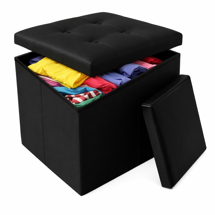 Табуретка с място за съхранение RUHHY 39L, водоустойчива еко кожа, 38x38x38 см, 100 кг, черна