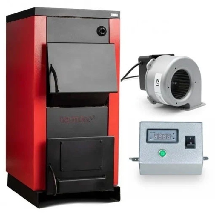 Pachet Centrala/Cazan pe lemn Termax 90 kW, cu ardere standard, volum manta apa 195 litri, cu sistem de automatizare si ventilator pentru tiraj fortat/controlat