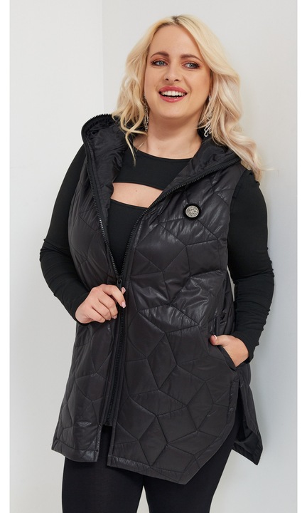 Geaca dama, Alpi Moda, vesta lunga matlasata, fara maneci, negru, 3XL INTL