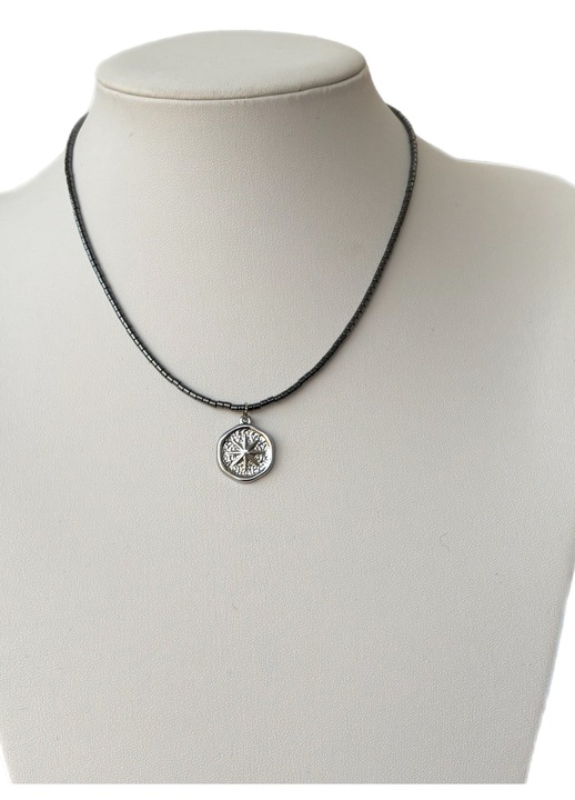 Női nyaklánc, fekete hematit, aszimmetrikus rozsdamentes acél medál, 42cm, fekete/ezüst