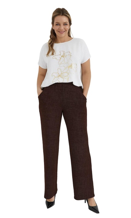 Pantaloni dama Alpi Moda, cu buzunare, tricot, Maro