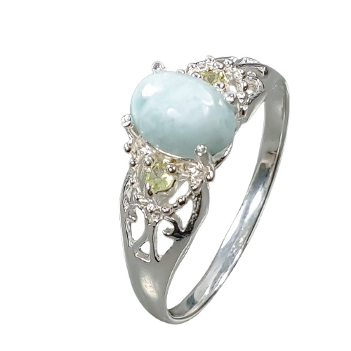 Inel argint 925 cu larimar și peridot, 0.7x0.5cm, mărime 57