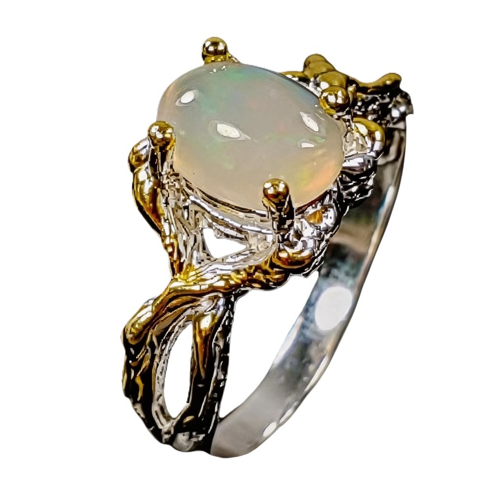 Inel argint 925 cu opal alb, placare aur alb și galben, 2x1x0.8cm, mărime 54.4