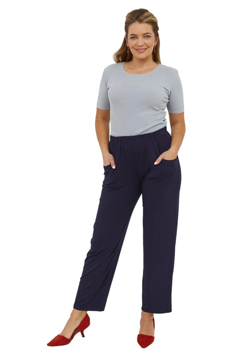 Pantaloni dama Alpi Moda, bleumarin, tricot gros, largi, cu buzunare, marimi mari