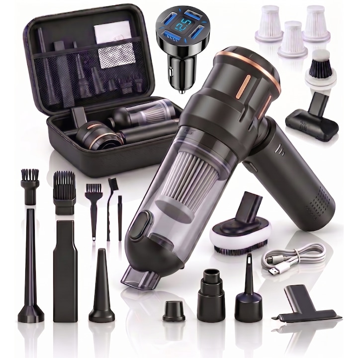 Aspirator auto portabil fara fir 4-in-1 LittleDomi, pentru casa si masina, motor brushless 100W, 3 trepte 8-18kPa, 15 accesorii, perie par animale, 3 filtre HEPA lavabile si 1 metalic, geanta, incarcator auto, Negru
