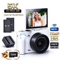 Aparat Foto Digital AZFAMZOP®, 5K Ultra HD, 75MP, Zoom Digital 18x, Focalizare Automata, Ecran Flip 180° cu Display Pliabil 3.0 Inchi, Wi-Fi Integrat, Portabil, Set Completa cu 2 Baterii si Card Memorie 32GB Inclus, Alb