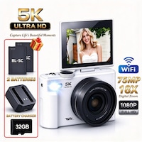 Aparat Foto Digital AZFAMZOP®, 5K Ultra HD, 75MP, Zoom Digital 18x, Focalizare Automata, Ecran Flip 180° cu Display Pliabil 3.0 Inchi, Wi-Fi Integrat, Portabil, Set Completa cu 2 Baterii si Card Memorie 32GB Inclus, Alb
