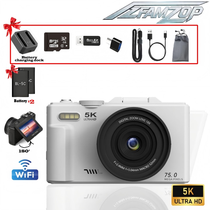 Aparat Foto Digital AZFAMZOP®, 5K Ultra HD, 75MP, Zoom Digital 18x, Focalizare Automata, Ecran Flip 180° cu Display Pliabil 3.0 Inchi, Wi-Fi Integrat, Portabil, Set Completa cu 2 Baterii si Card Memorie 32GB Inclus, Alb