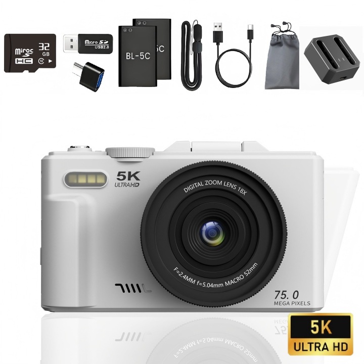 AZFAMZOP Digitális Fényképezőgép, 5K Ultra HD, 75MP, 18x Digitális Zoom, Automatikus Fókusz, 180°-ban Elforgatható Kijelző 3.0 Hüvelykes Összecsukható Képernyővel, Beépített Wi-Fi, Komplett Szett 2 Akkumulátorral és 32GB Memóriakártyával, Fehér