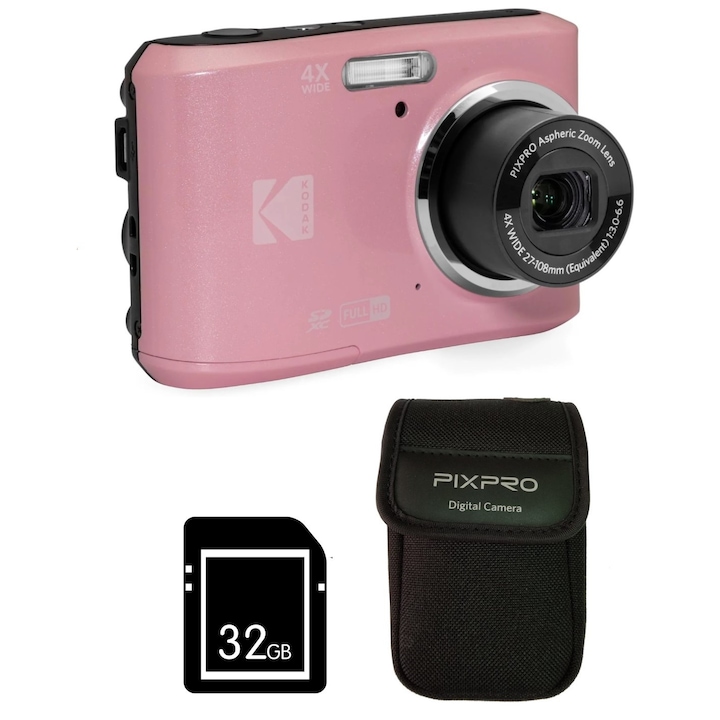 Pachet Aparat Foto Kodak PixPro FZ45, 16 MP, Zoom 4X, Vlogging, Full HD – 1080p, Albastru, include geanta transport si card 32 GB