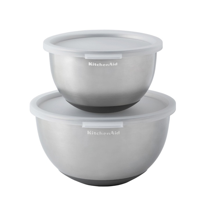2 db rozsdamentes acél tál fedővel, KitchenAid, 1,4L és 2,8L, ezüst, 22,6x12,5x22,6cm