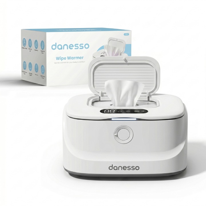 Incalzitor Dispenser pentru Servetele Umede Danesso®, 3 Setari de Temperatura, 45°- 50°- 55°C, Sistem de Blocare, Ecran Digital si Tactil, Lumina de Veghe cu 3 Intensitati, Compatibilitate universala, Alimentare direct la priza, Alb