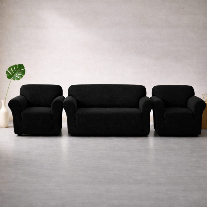 Huse Elastice Lycra pentru Canapea 3 Locuri si 2 Fotolii, Negru